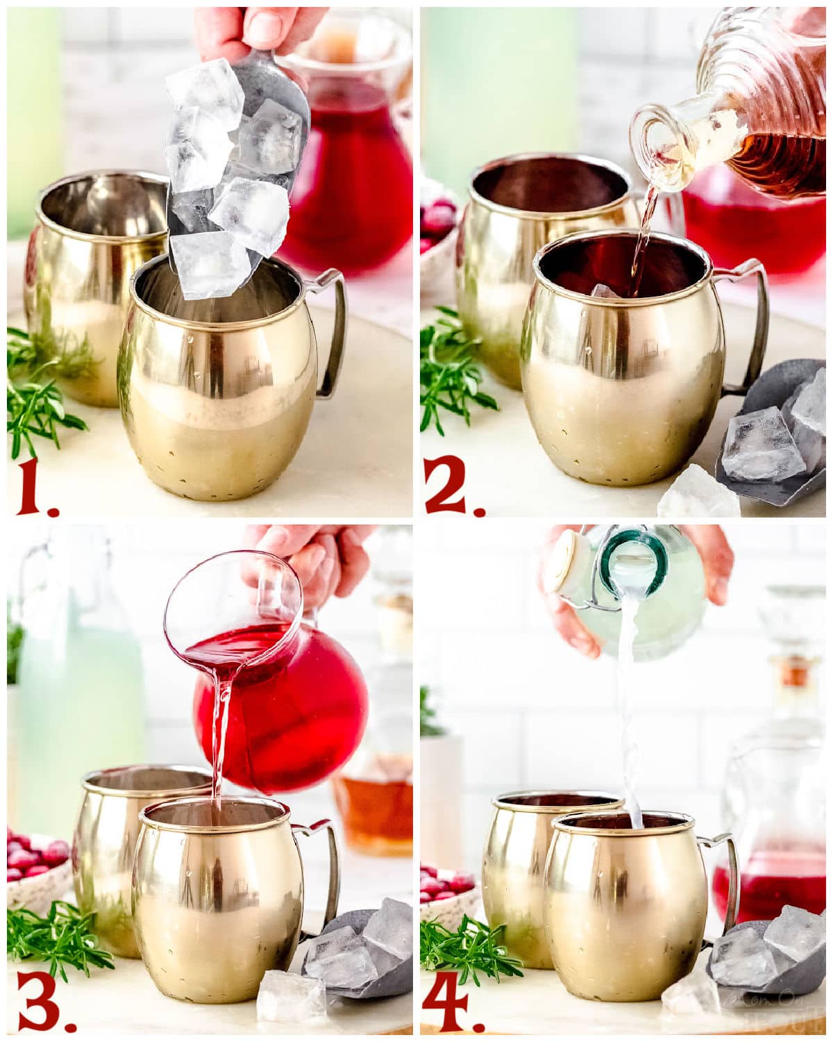 four image collage showing step by step how to make a cranberry mule.