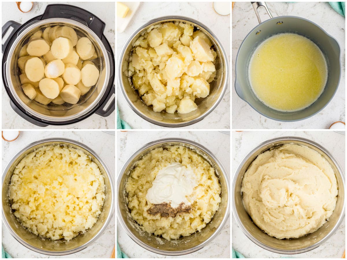 collage di sei immagini che mostrano come preparare il purè di patate in pentola istantanea.
