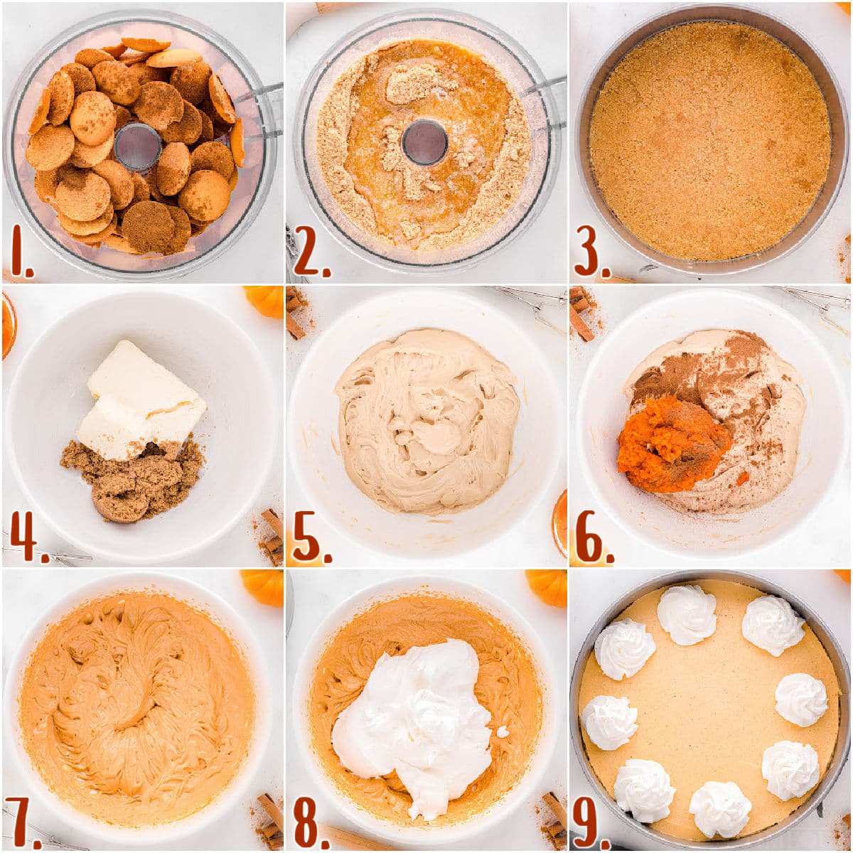 nine image collage showing how to make a no bake pumpkin cheesecake step by step including the crust.