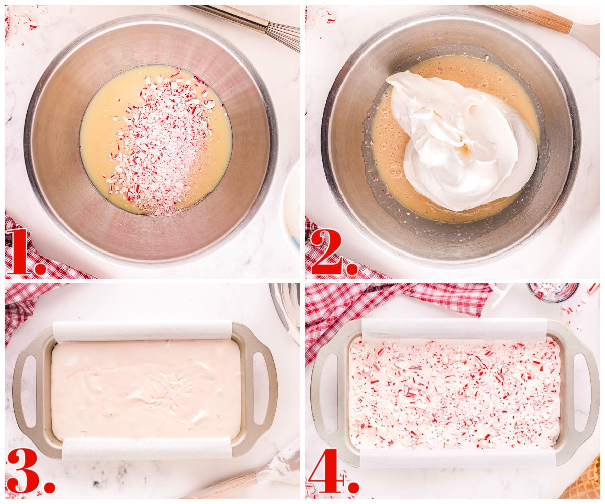 four image collage showing how to make peppermint ice cream