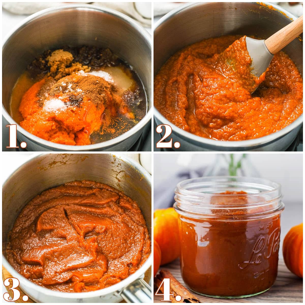 four image collage showing how to make pumpkin butter in a saucepan on the stovetop.