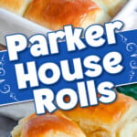 two image collage showing baking dish with parker house rolls and bottom image with the rolls on a small metal plate. center diagonal color block with text overlay.