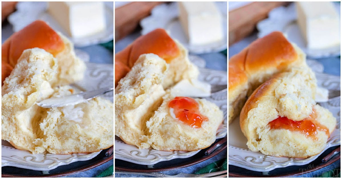 three image collage showing a roll being buttered and topped with jelly.