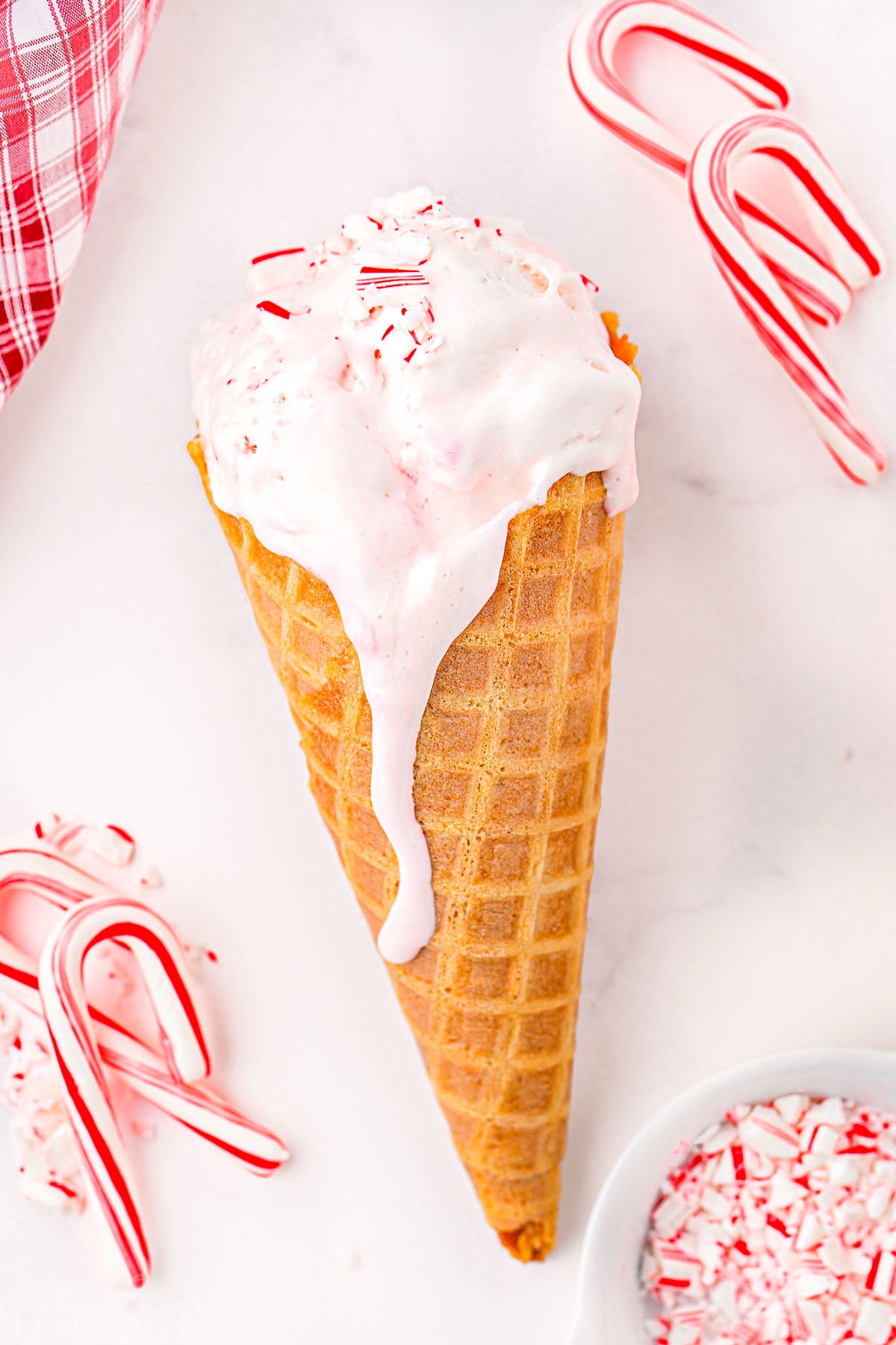 peppermint ice cream in a waffle cane with mini candy canes scattered around it. 