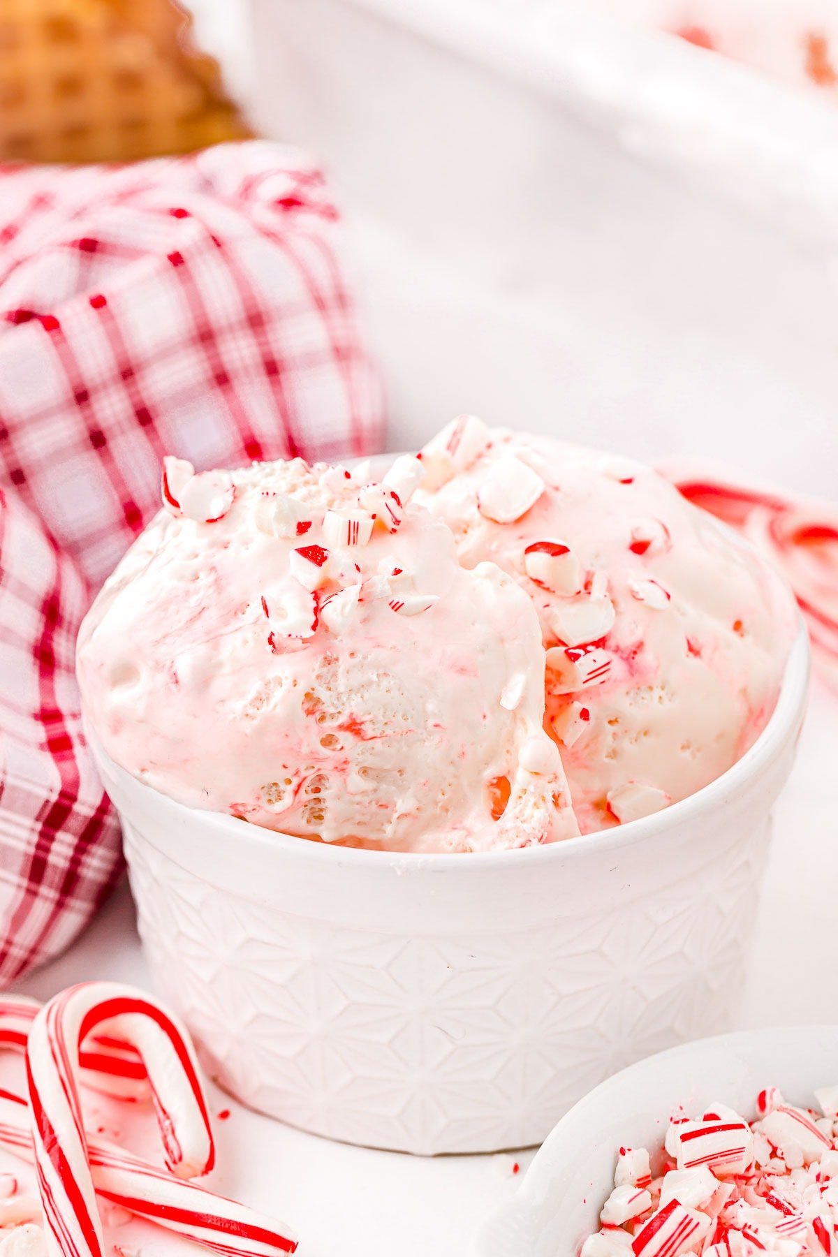 white bowl of peppermint ice cream with mini candy canes scattered about.