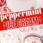 three image collage showing a scoop of peppermint ice cream, in the bowl and in a waffle cone. diagonal color block with text overlay in the center of the image.