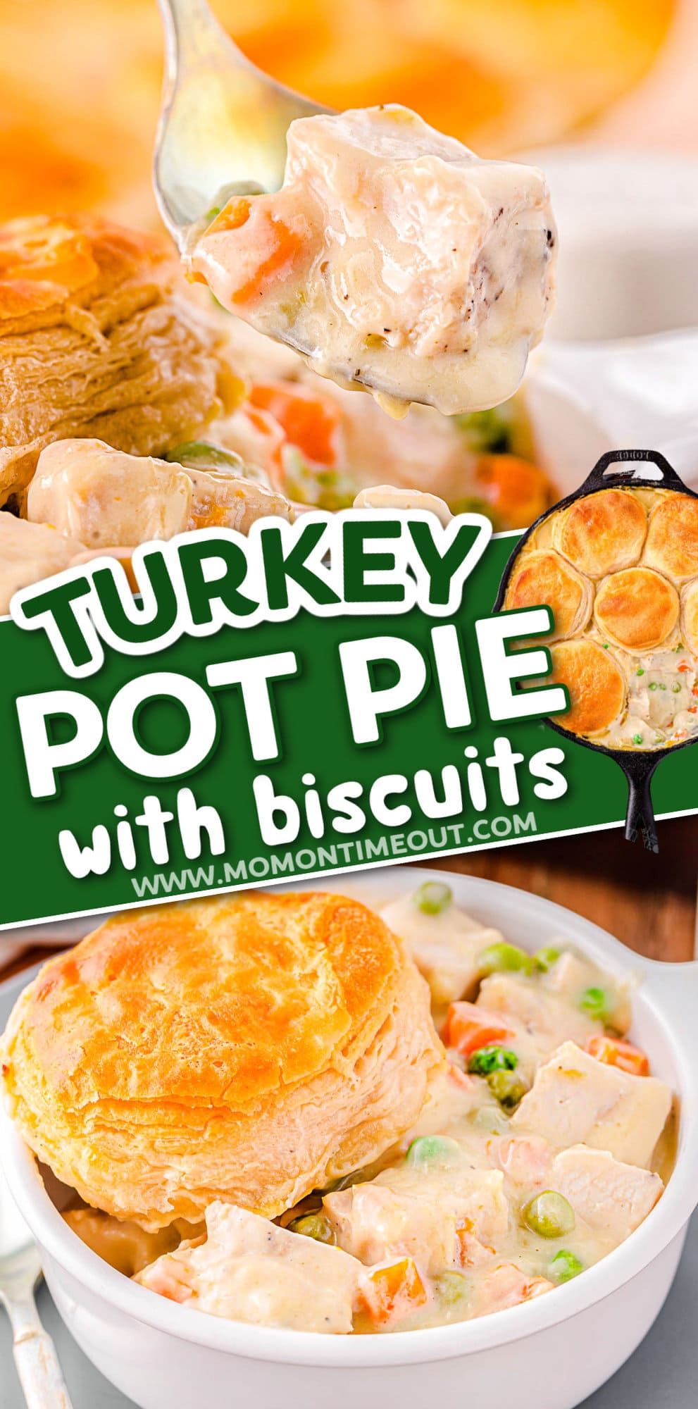 two image collage showing forkful of turkey pot pie and bottom image shows the pot pie in a bowl with a biscuit topping. center color block on the diagonal with text overlay.