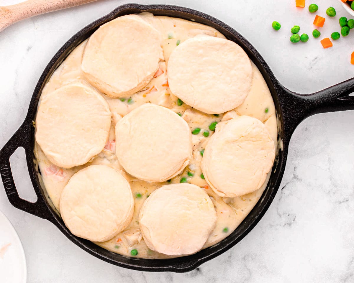 top down look at turkey pot pie in a cast iron skillet topped with biscuits.