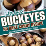 two image collage with a cup of buckeyes on top and bottom image shows a top down view of buckeye candy pieces on a silver plate. center diagonal color block with text overlay.