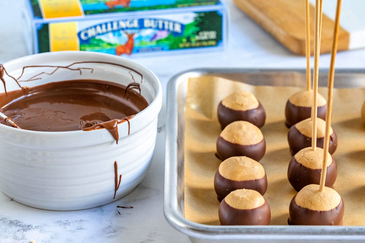 a sheet pan full of buckeyes being dipped in melted chocolate.