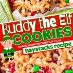 two image collage showing large red white and green gift box filled with haystacks and topped with marshmallows and chocolate syrup. center diagonal color block has text overlay and elf graphic.