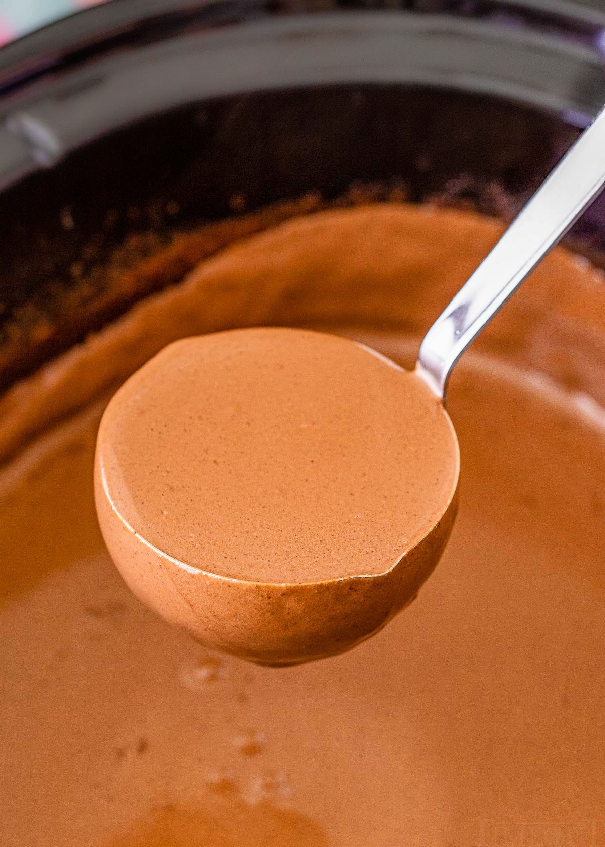 ladle scooping out hot chocolate from a slow cooker.