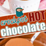 two image collage showing a ladle full of hot chocolate in a slow cooker and a white mug filled with hot chocolate and topped with two jumbo marshmallows. center diagonal color block with text overlay.