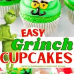 two image collage showing grinch cupcakes decorated with green frosting and santa hats. center color block with text overlay.