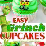 two image collage showing grinch cupcakes decorated with green frosting and santa hats. center color block with text overlay.