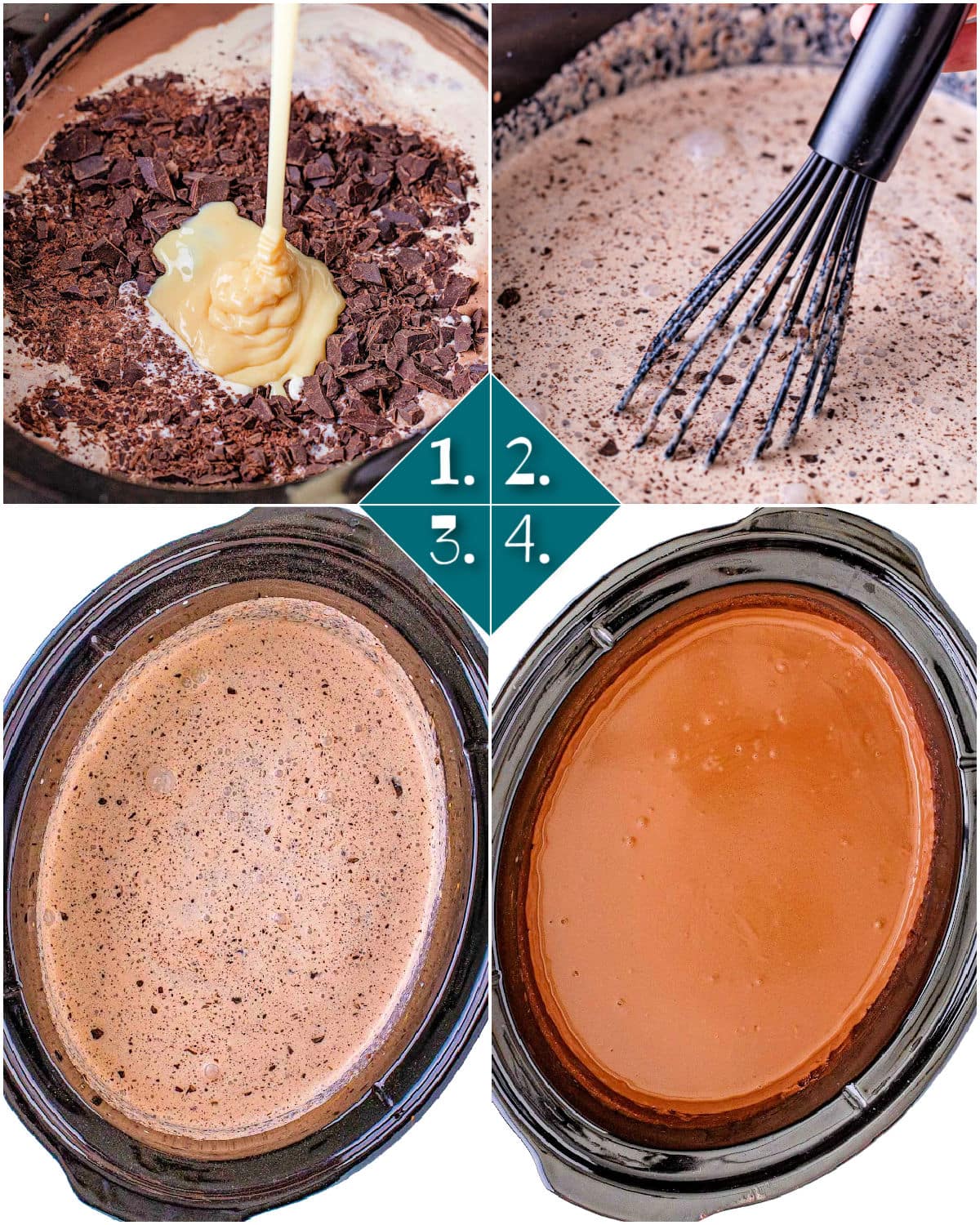 four image collage showing how to make crockpot hot chocolate step by step.