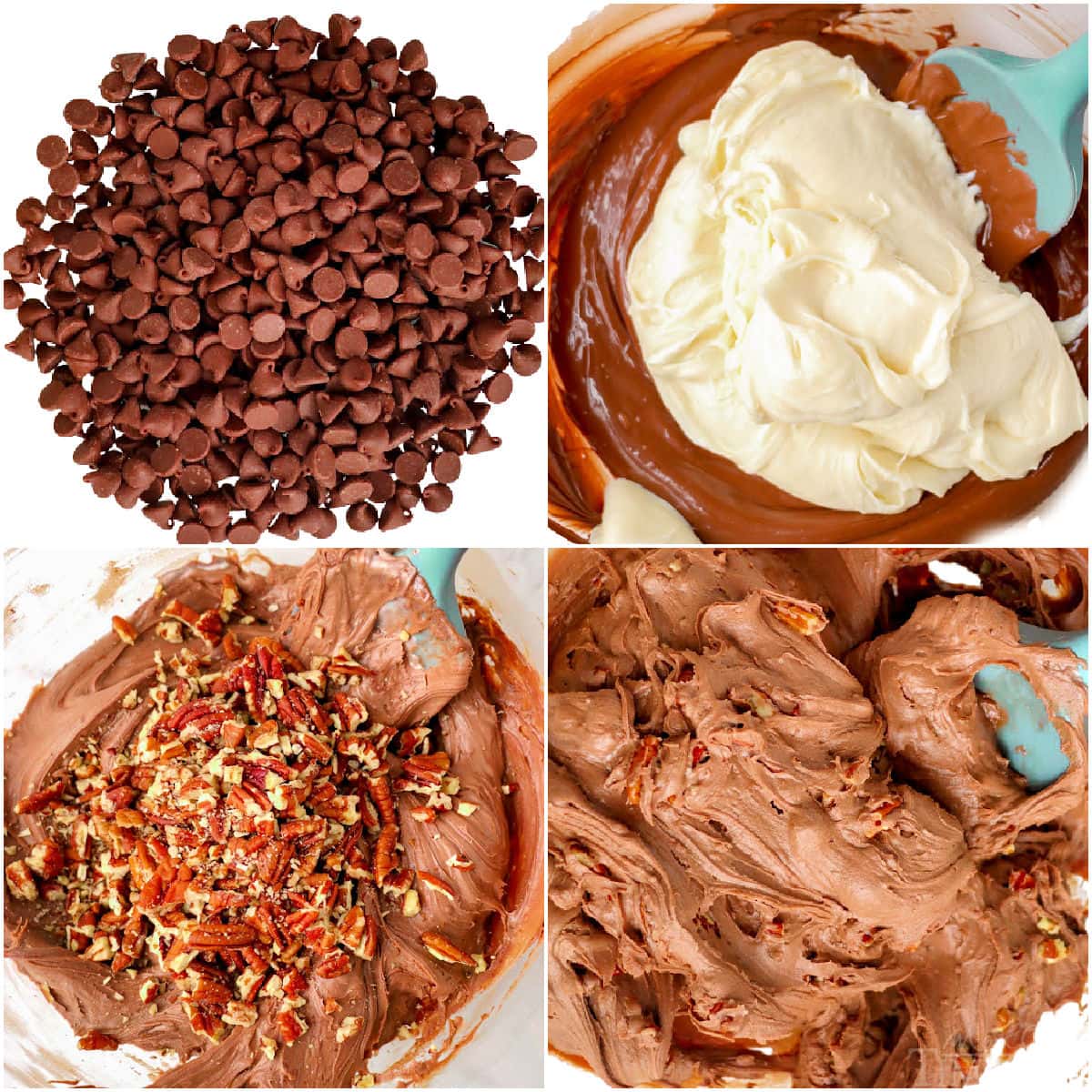 four image collage showing how to make an easy fudge recipe using frosting.