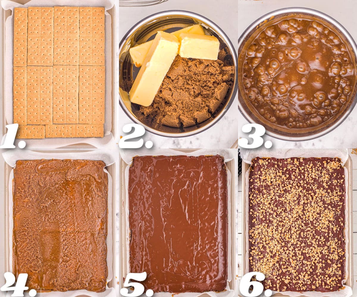 six image collage showing how to make graham cracker toffee step by step.