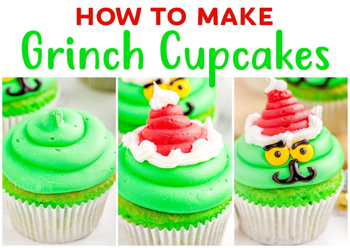 three image collage showing how to make grinch cupcakes.
