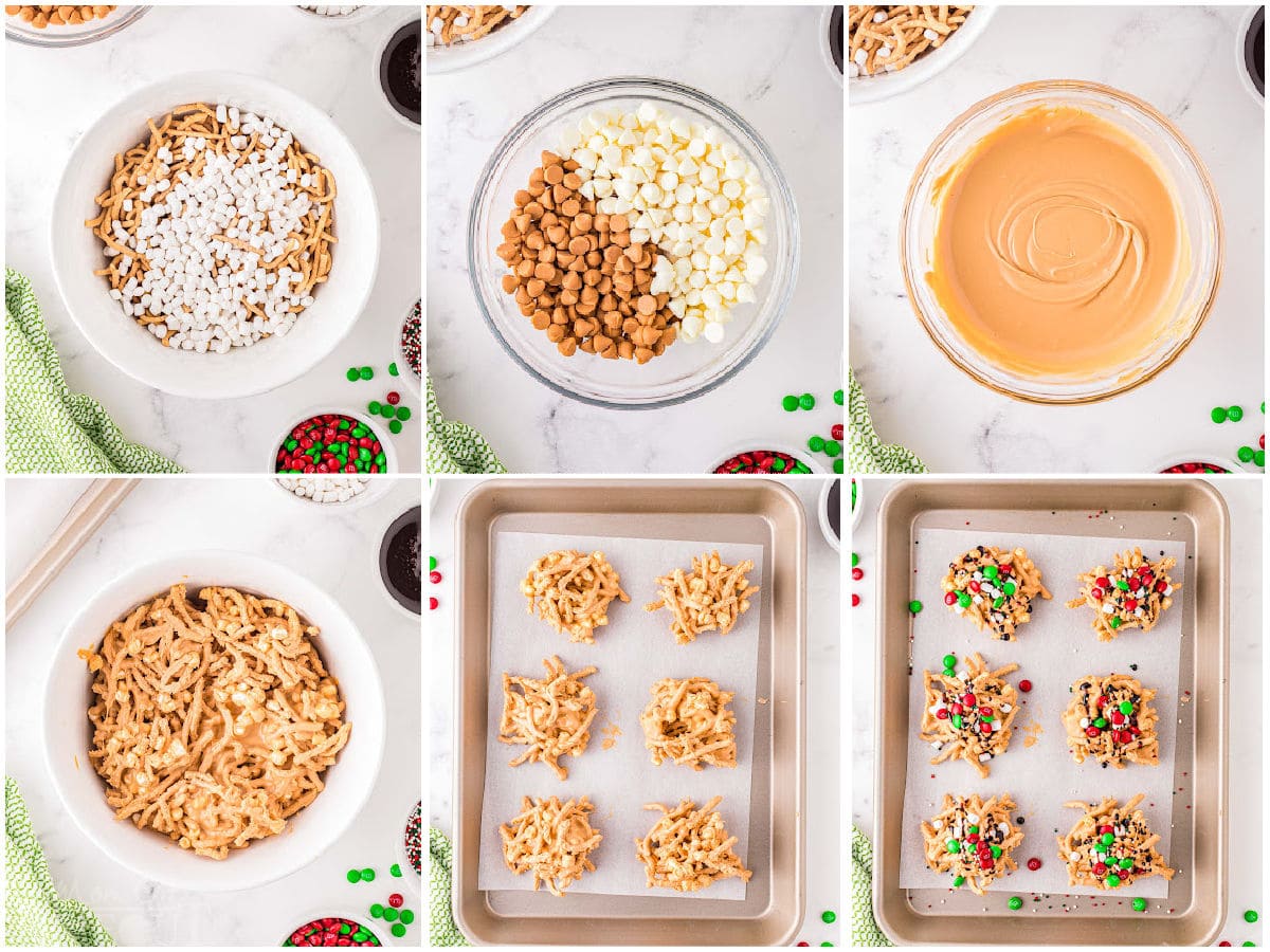 six image collage showing how to make haystack candy and turn them into elf cookies with a bunch of toppings.