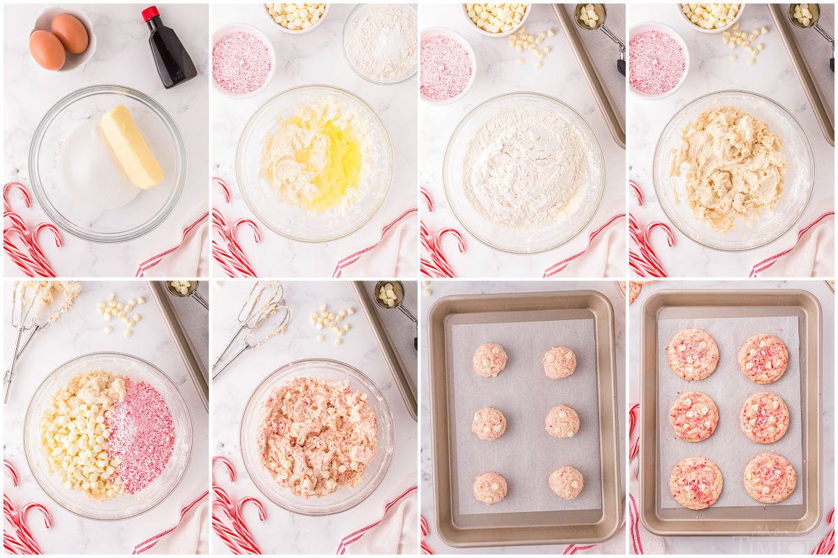 eight image collage showing how to make peppermint cookies step by step.