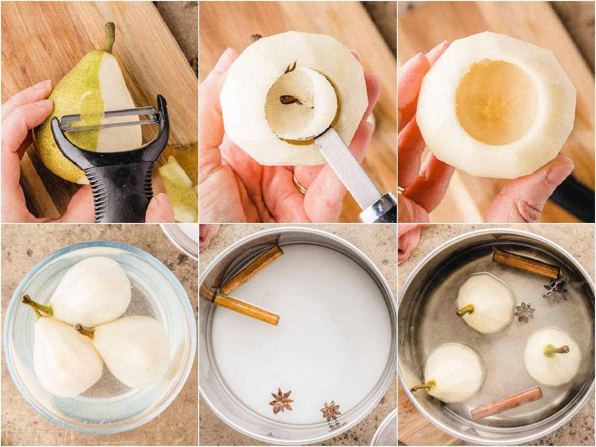 six image collage showing how to poach pears step by step.