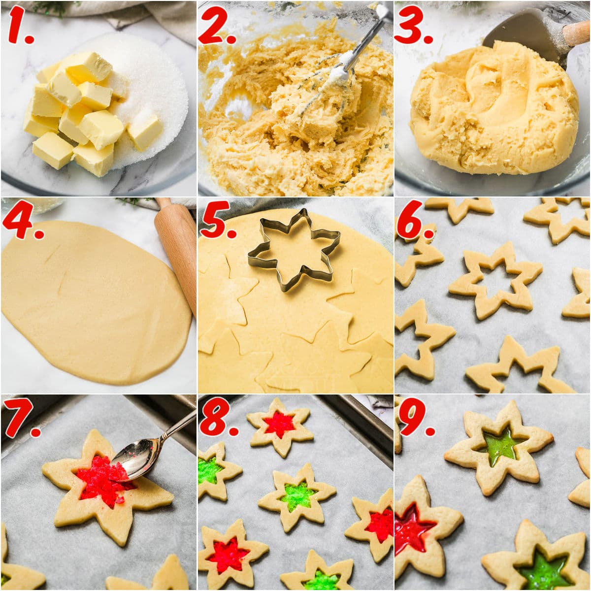 nine image collage showing step by step how to make stained glass cookie recipe.