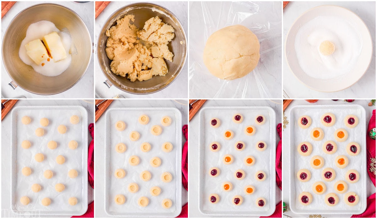 eight image collage showing how to make thumbprint cookies step by step.