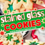 three image collage showing stained glass cookies stacked on a plate, a top down view of the cookies on the white plate and a snowflake cookie with a green center being held over the plate. a center diagonal color block with text overlay says stained glass cookies.