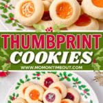 two image collage showing a christmas plate filled with thumbprint cookies piled high. center color block with text overlay.