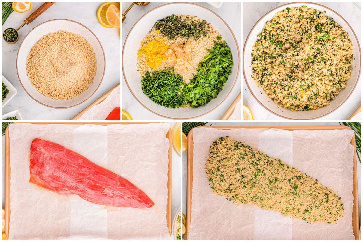 five image collage showing how to bake salmon with a crust.