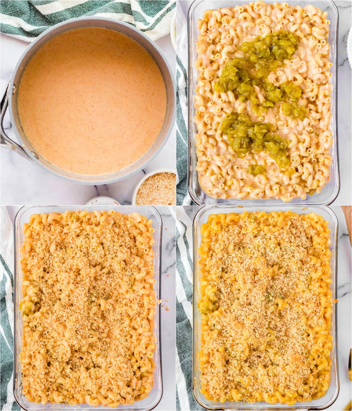 four image collage showing how to make green chile mac and cheese step by step.