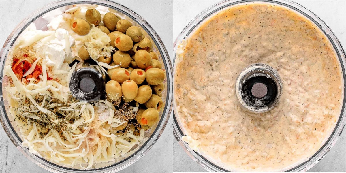two image collage showing olive dip ingredients in a food processor and then the ingredients blended together.