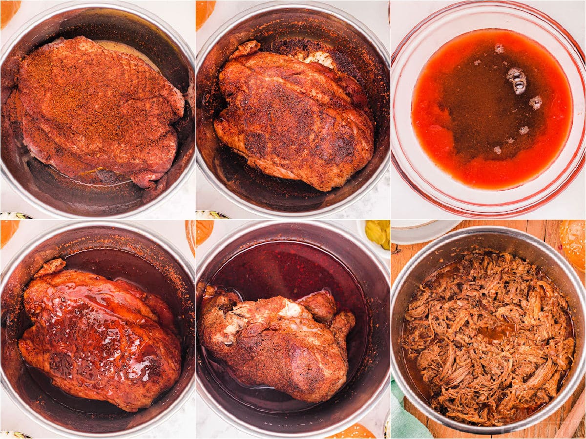 six image collage showing how to make pulled pork in the instant pot.