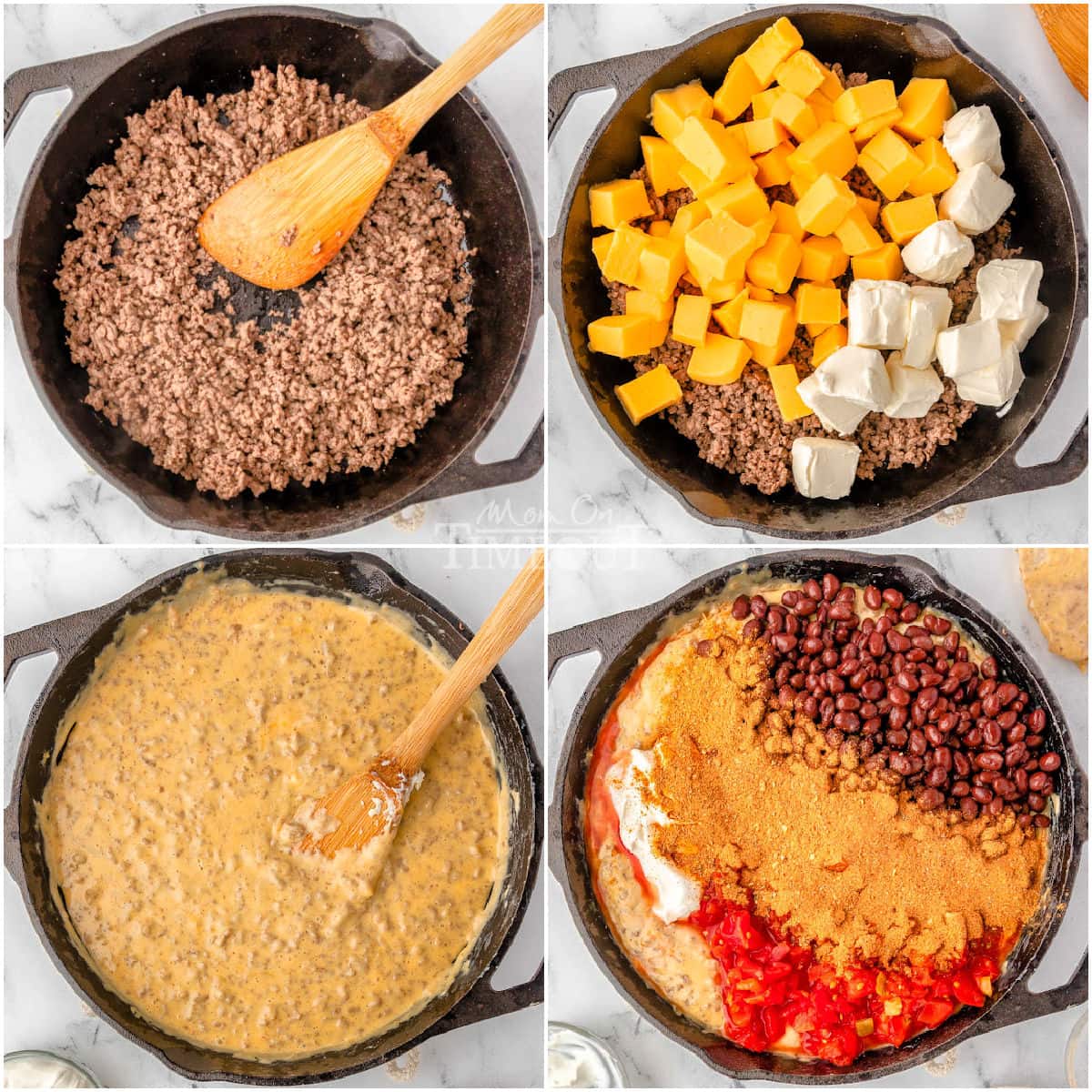 four image collage showing how to make rotel dip.