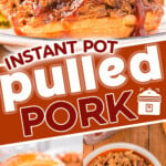 three image collage showing pulled pork made in an instant pot on a bun, as a sandwich with coleslaw and shredded in a large bowl. center diagonal color block with text overlay.