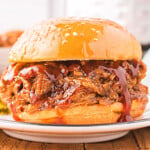 pulled pork sandwich sitting on plate in front of an instant pot.