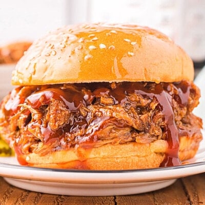 pulled pork sandwich sitting on plate in front of an instant pot.