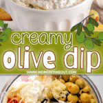 two image collage showing olive dip ingredients in a food processor and the dip in a white bowl ready to be enjoyed. center color block with text overlay.