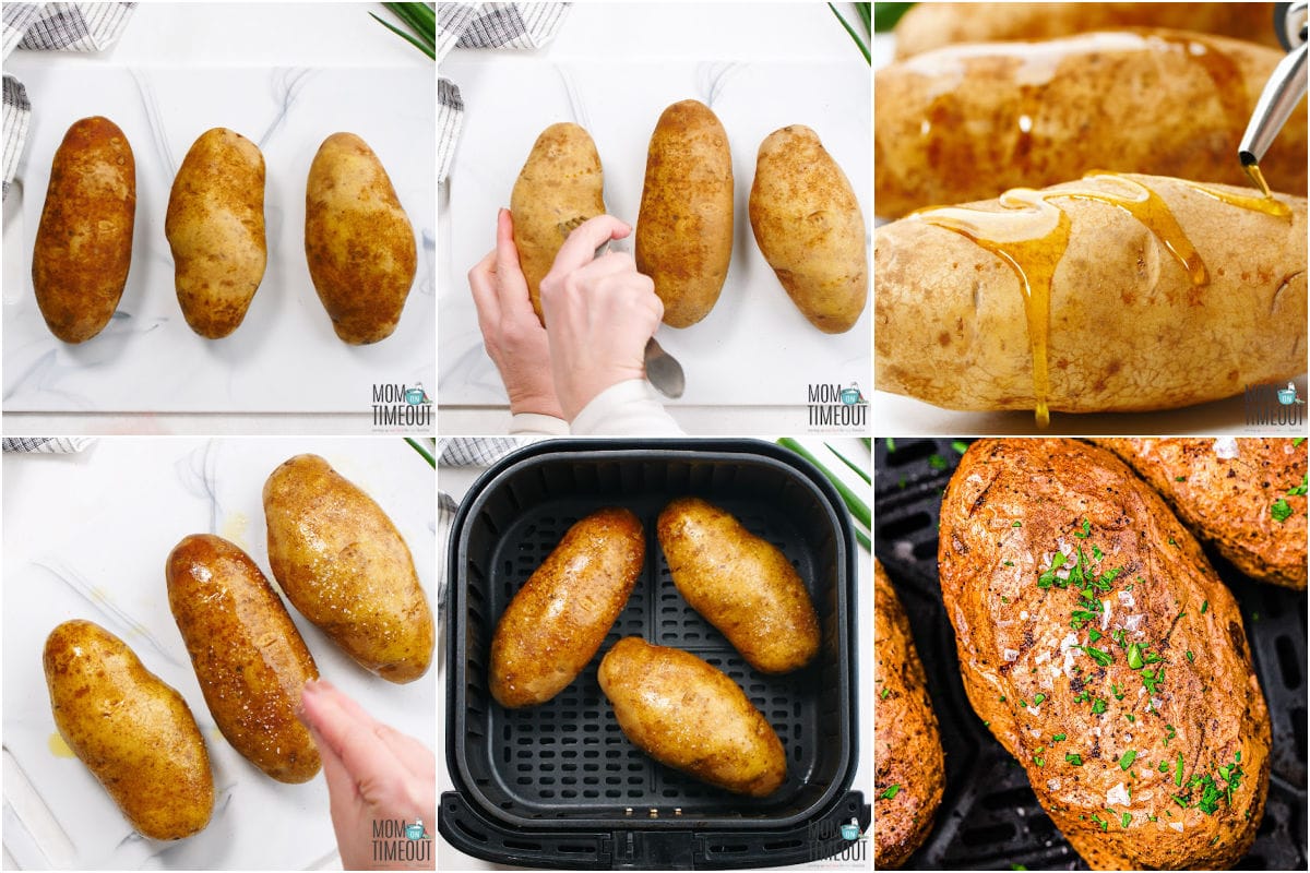 six image collage showing how to make baked potato in air fryer step by step.