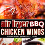 three image collage showing bbq air fryer chicken wings. top image shows one wing being held up and the bottom two images show the wings in the air fryer and on a plate with celery sticks. center color block with text overlay.