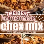 three image collage showing homemade chex mix recipe in a large bowl, portioned out into small metal cups and top down view with a large scoop ready to scoop out the mix from the bowl. center color block with text overlay.