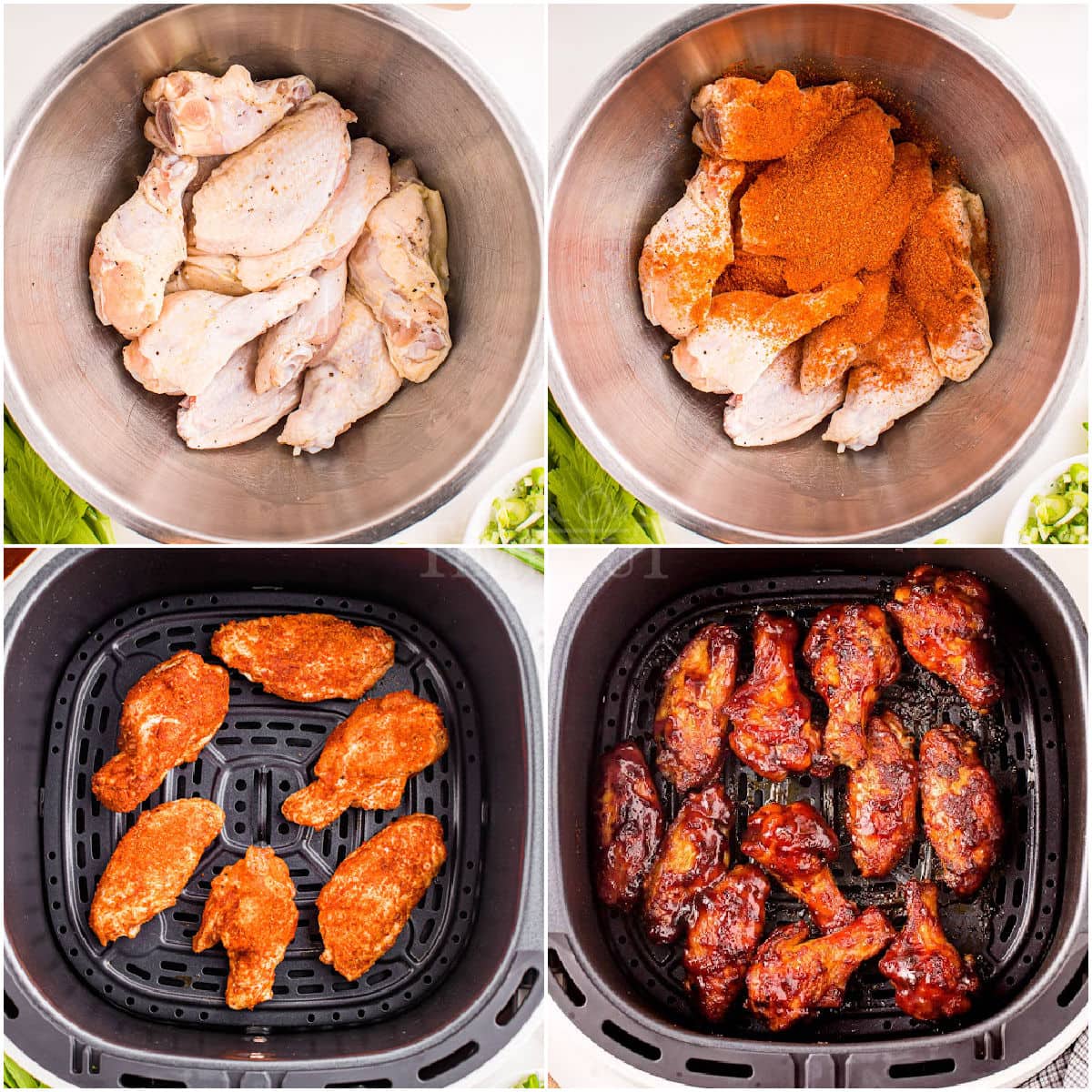 four image collage showing how to make chicken wings in air fryer.