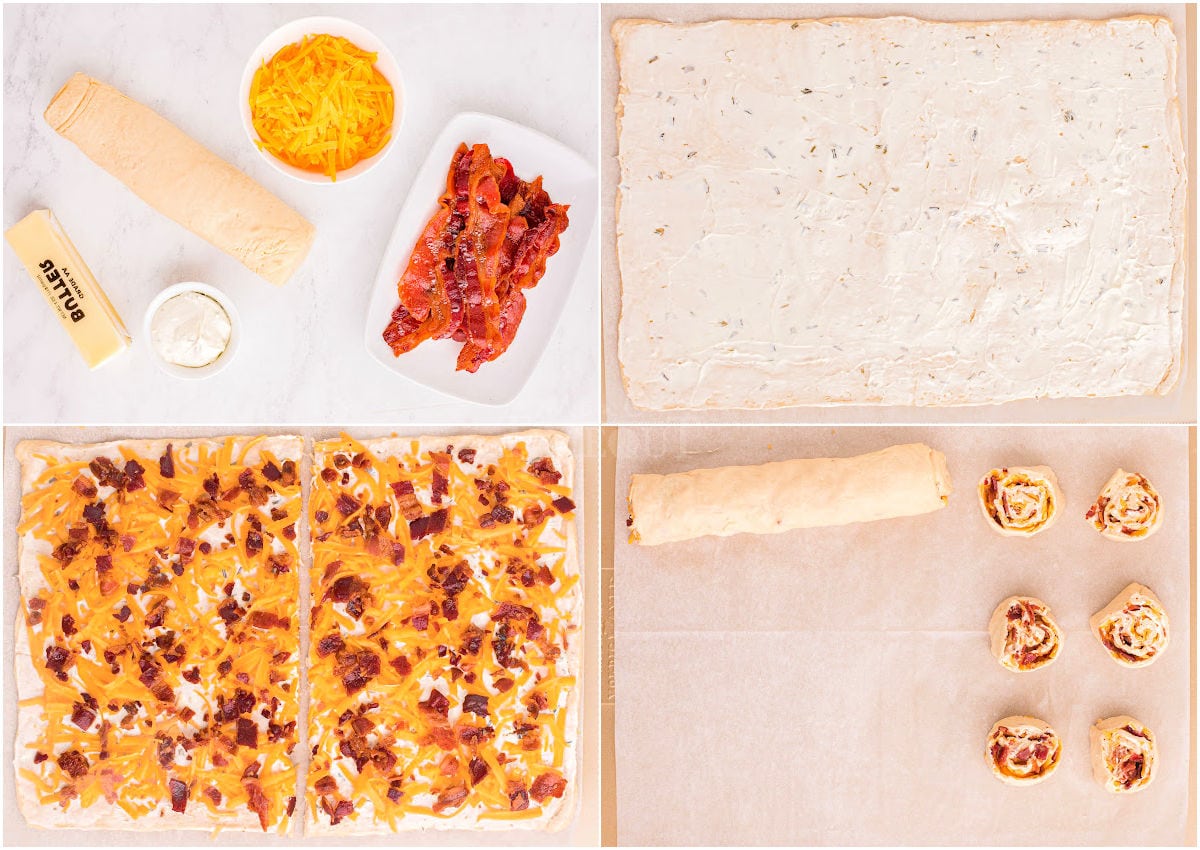 four image collage showing how to make cheddar bacon pinwheels recipe.