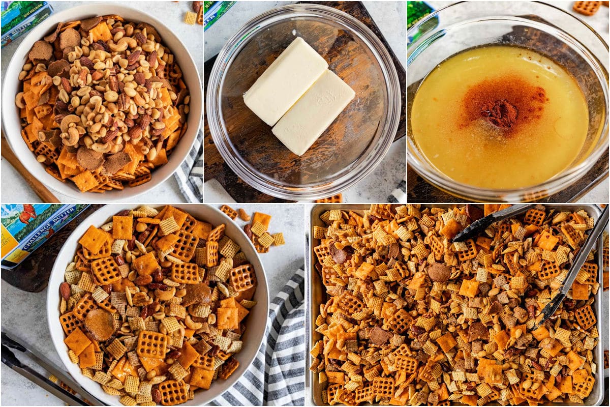 five image collage showing how to make this chex mix recipe step by step.