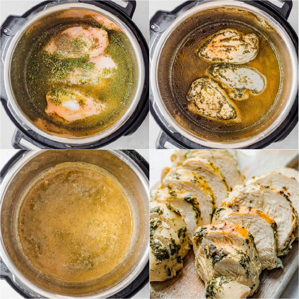four image collage showing how to make chicken breasts in instant pot.