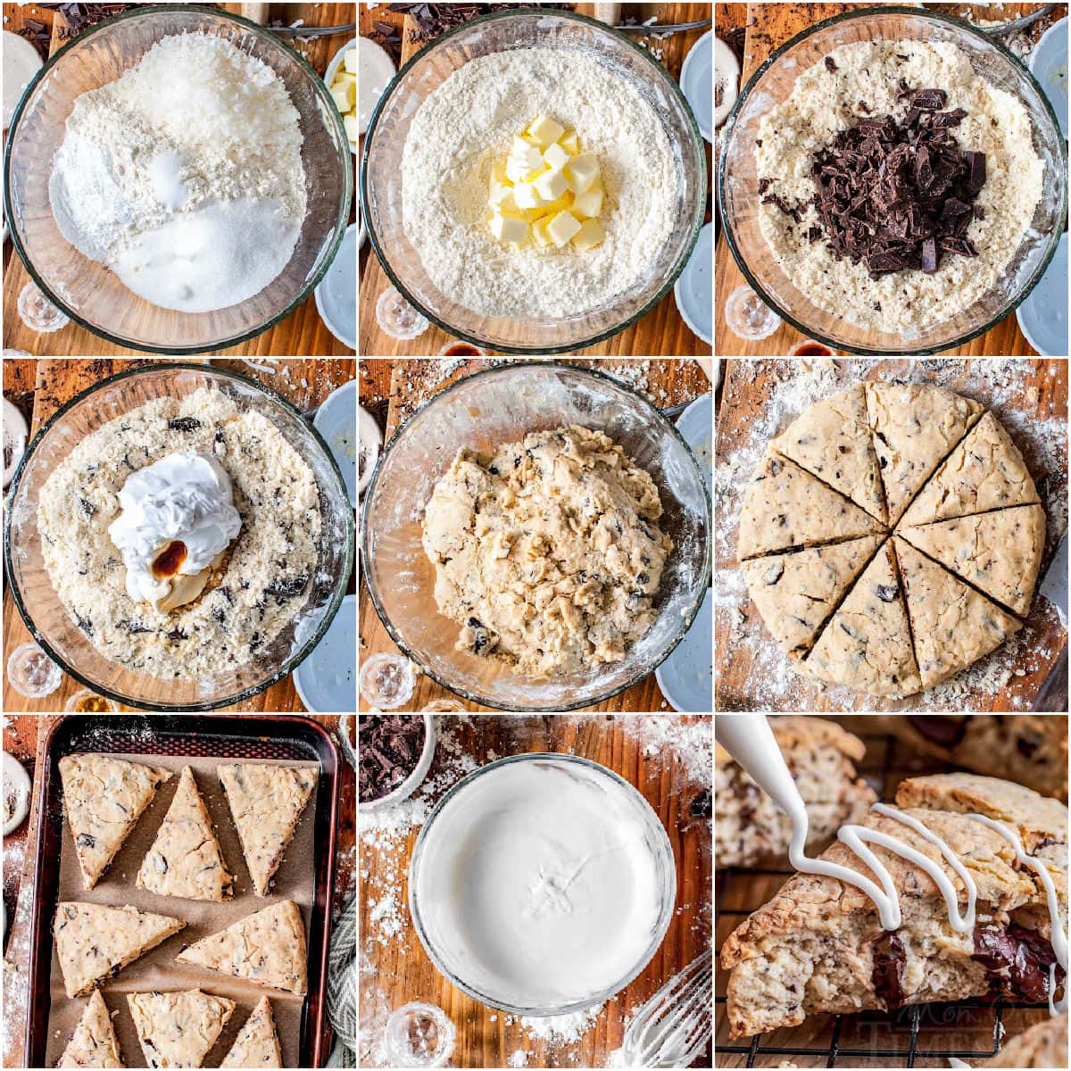 nine image collage showing how to make scones step by step.