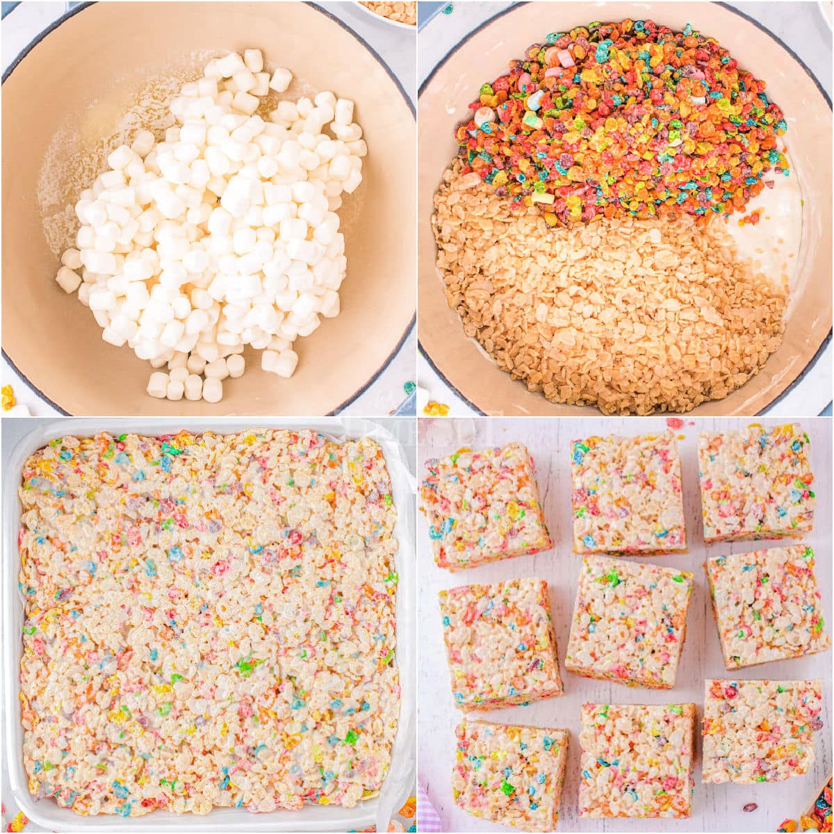 four image collage showing how to make rainbow rice krispie treats step by step.