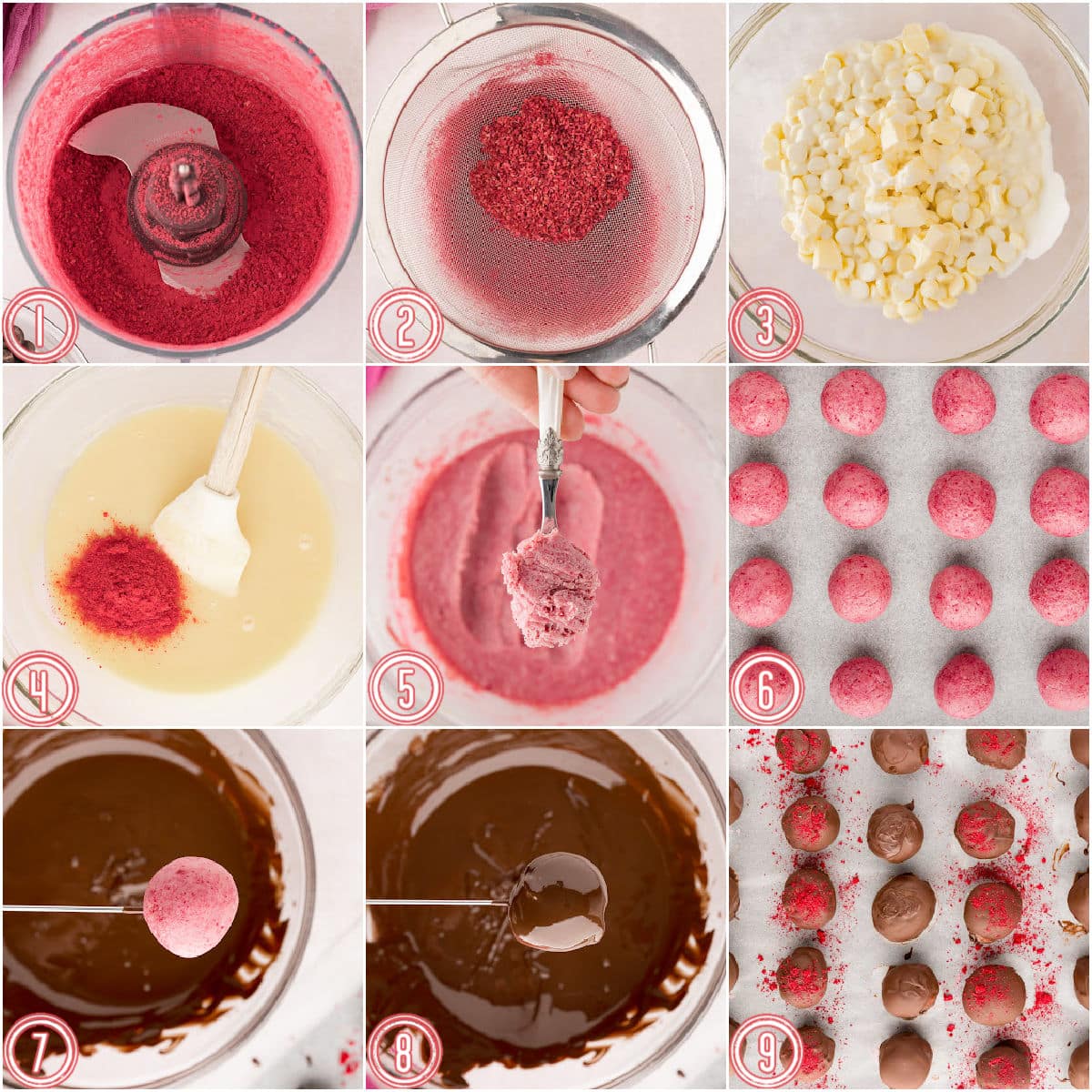 nine image collage showing how to make raspberry truffles step by step.