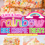 three image collage showing rainbow rice krispie treats stacked three high, cut into squares, and piled up on a plate. center color block with text overlay.